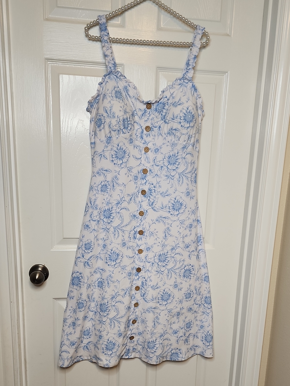 Derek Heart Womens Ruffle Strap Dusty Blue Floral White Midi Dress Toile Xl